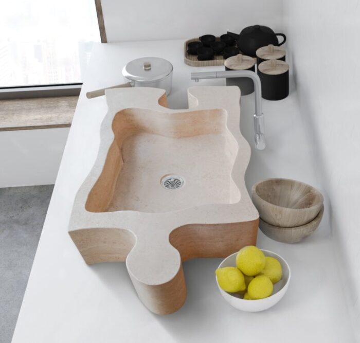 Beige Travertine puzzle shape farmhouse sink NTRVS02 W16 L27.5 kitchen installed