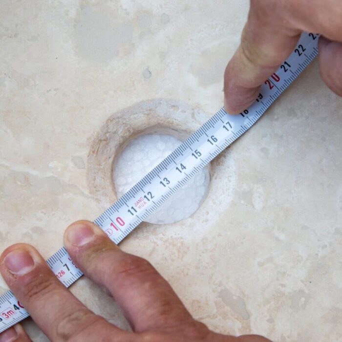 Beige travertine round drop in sink NTRSTC03 D16 H6 drian hole measure view