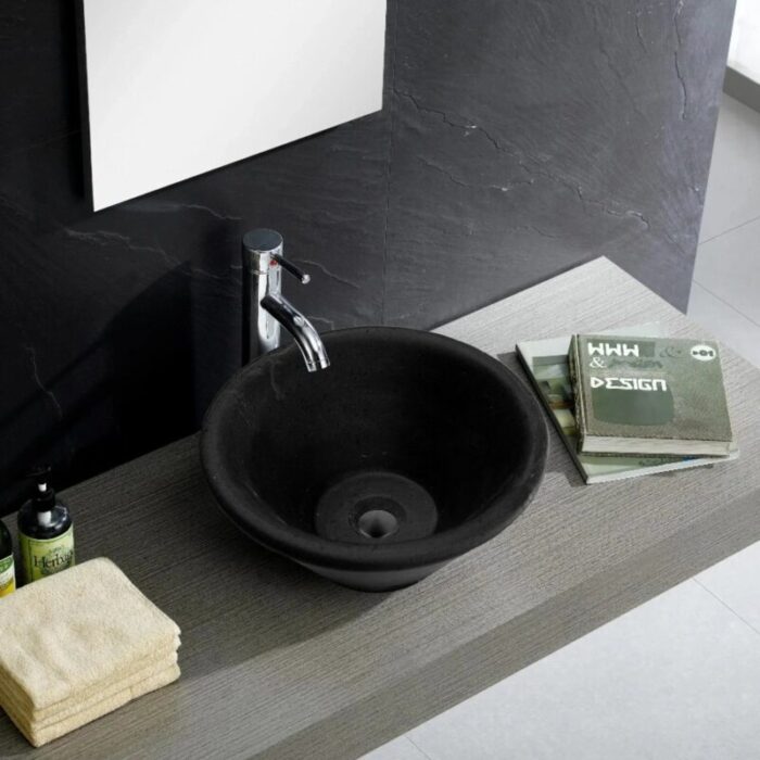 Black andesite v shape sink honed NTRSTC11 D16 H6 angle view.webp