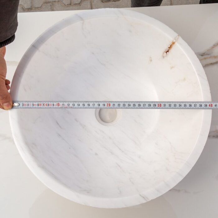 Calacatta White marble vessel sink polished rough outside EGECVP165 D 16 H5 diameter measure view