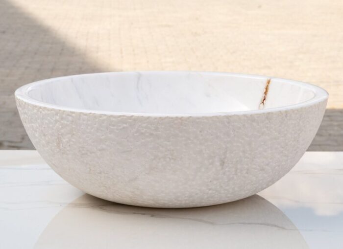 Calacatta White marble vessel sink polished rough outside EGECVP165 D 16 H5 side view2