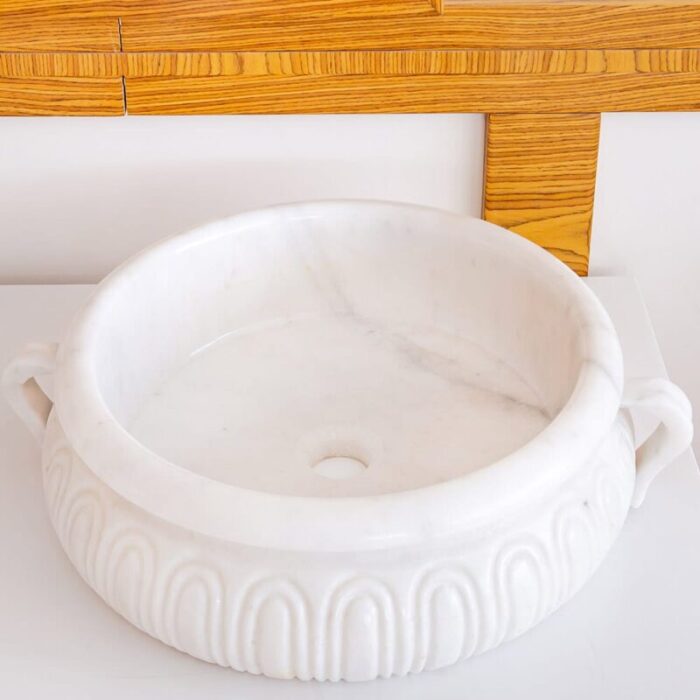 Carrara White Marble Stone vessel round sink NTRVS20 D17 H6 angle view