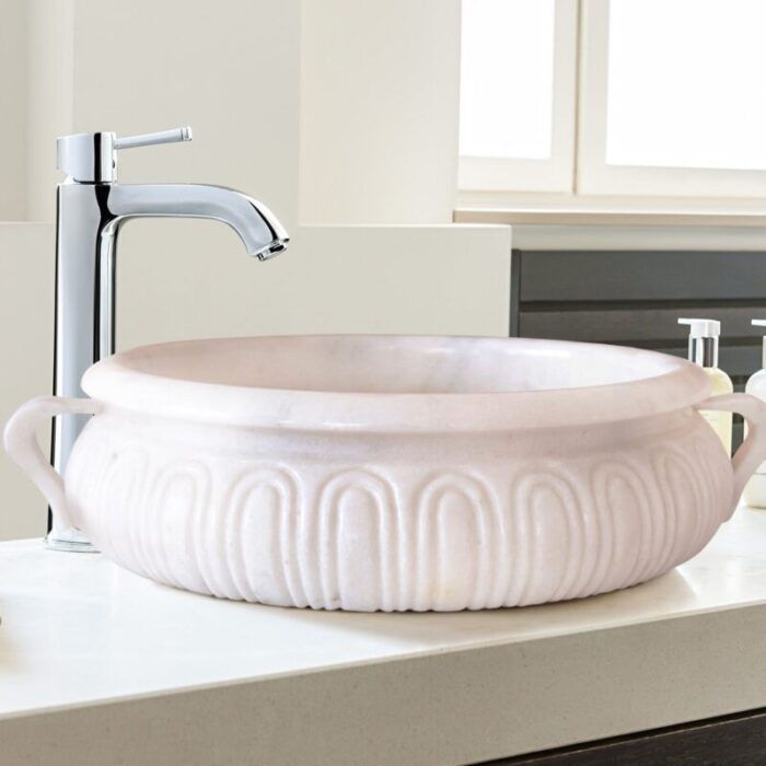 Carrara White Marble Stone vessel round sink NTRVS20 D17 H6 top bathroom angle view