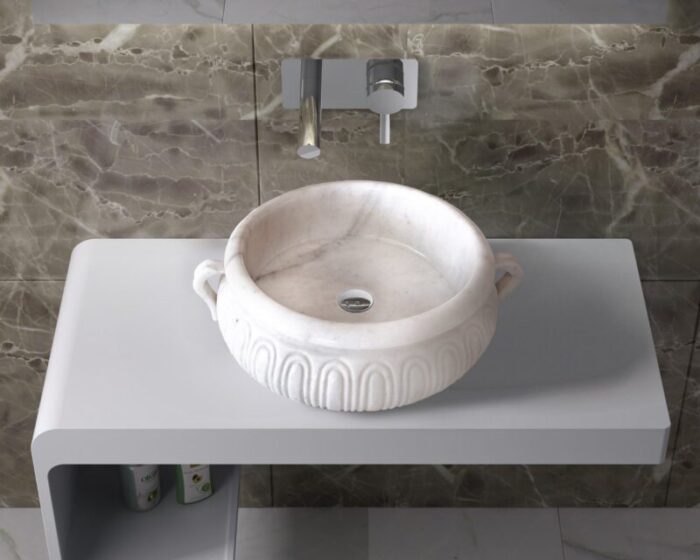 Carrara White Marble Stone vessel round sink NTRVS20 D17 H6 top bathroom view