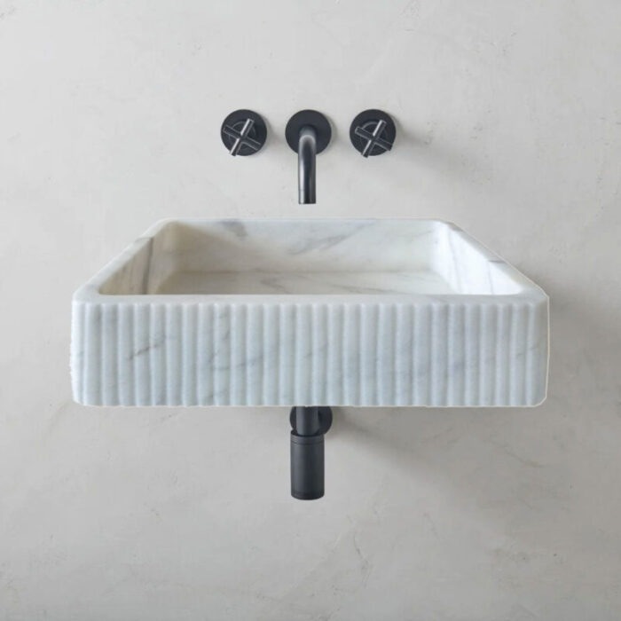 Carrara White Marble Wall mount Stone Sink honed 16x24x6 roomscene