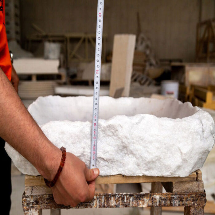 Carrara marble rustic natural stone vessel sink 22x16x5 polished interior hand chiseled exterior SPCMRN11 product shot measure view 3