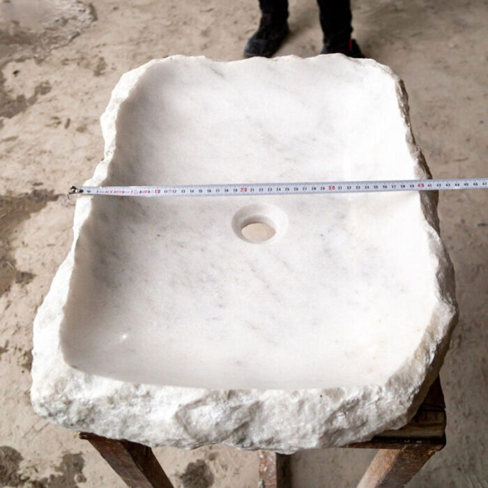 Carrara marble rustic natural stone vessel sink 22x16x5 polished interior hand chiseled exterior SPCMRN11 product shot measure view