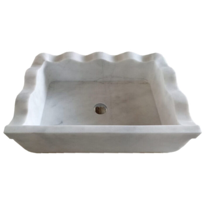 Carrara white Rectangular Wall mount marble Sink W16xL24xH6 Wavy edges Polished back top view