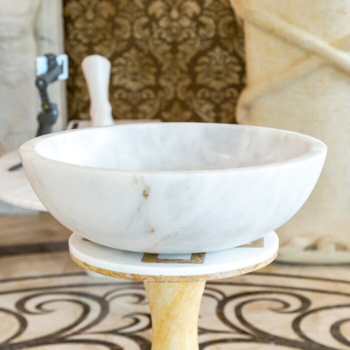 Carrara white natural stone marble vessel sink polished d16 h6 SPCWNSMVS34 room shot sink view 2