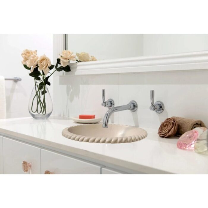 Champagne White Limestone Natural Stone Oval Braid self rimming VesselSink 20020054 Polished drop in bathroom view.webp