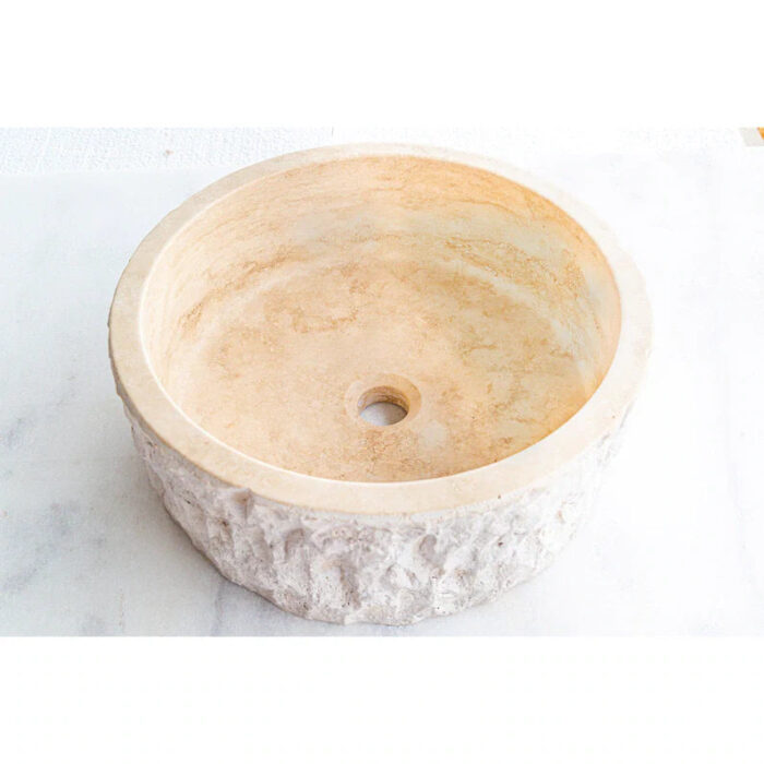 Denizli beige travertine rustic stone vessel sink honed interior hand chiseled exterior d16 h6 SPDBTRS28 product shot angle view.webp