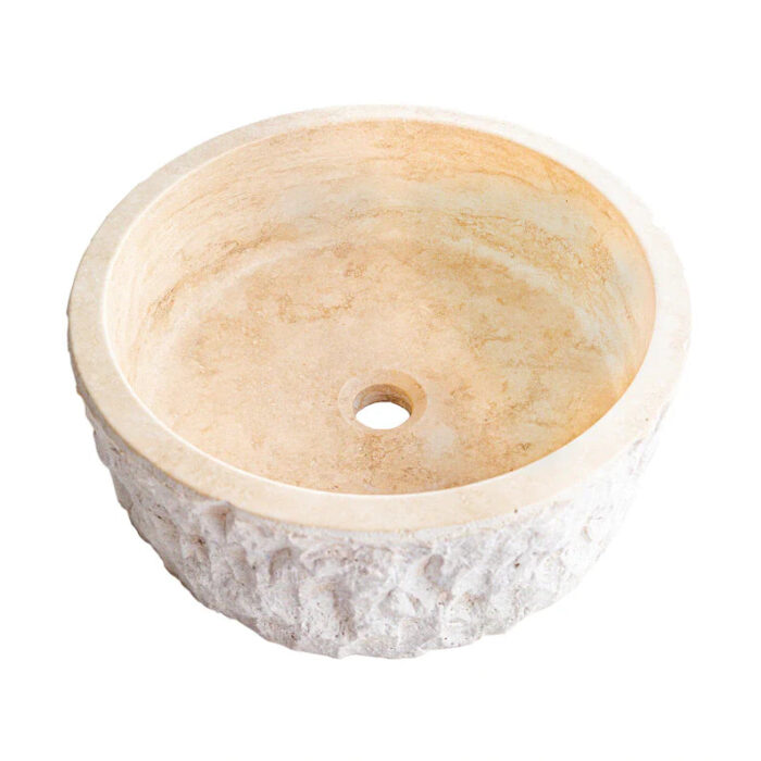 Denizli beige travertine rustic stone vessel sink honed interior hand chiseled exterior d16 h6 SPDBTRS28 product shot profile view 2.webp