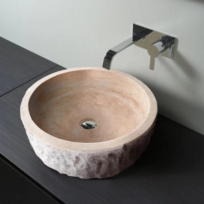 Denizli beige travertine rustic stone vessel sink honed interior hand chiseled exterior d16 h6 SPDBTRS28 room shot sink view 2.webp