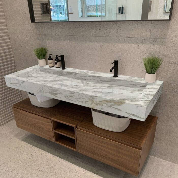 Fantays White Marble Vanity Wall mount Rectangular Bathroom Sink W 16 L 36 H 5 hidden drain in midddle installed modern bathroom black faucet square