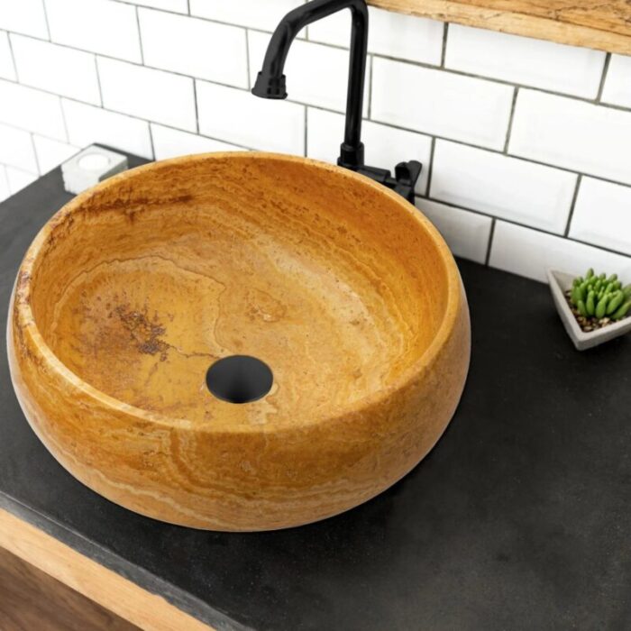 Golden Sienna travertine bathroom vessel sink polished inside rough outside EGEGSTR1673 D 16 H6 bathroom view.webp