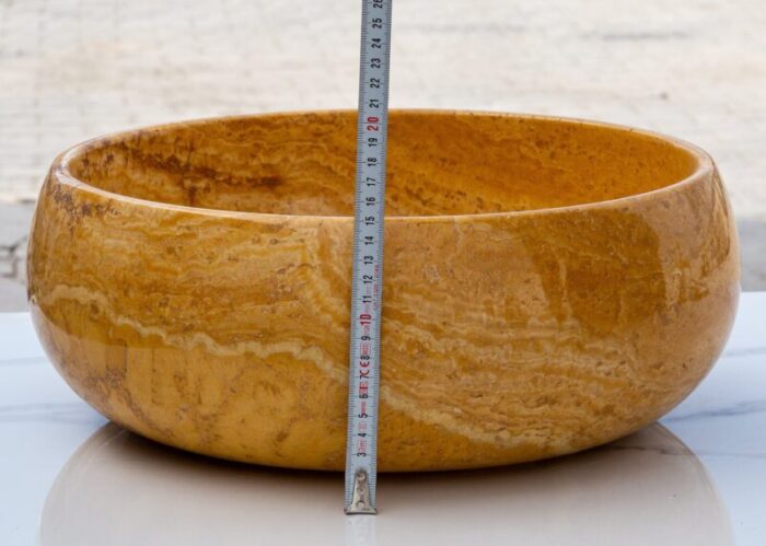 Golden Sienna travertine bathroom vessel sink polished inside rough outside EGEGSTR1673 D 16 H6 side measure view