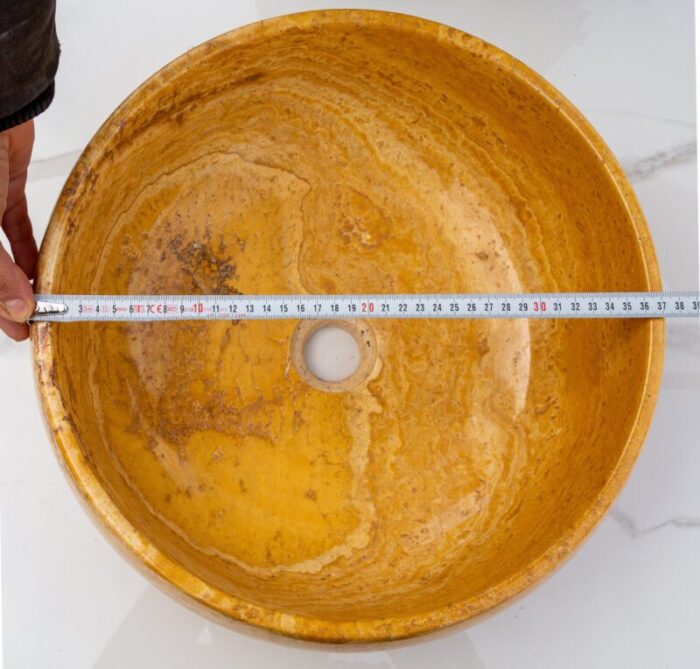 Golden Sienna travertine bathroom vessel sink polished inside rough outside EGEGSTR1673 D 16 H6 top measure view