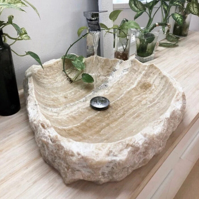 Honey Onyx Stone Rustic Vessel Sink NTRVS21 random size bathroom angle view