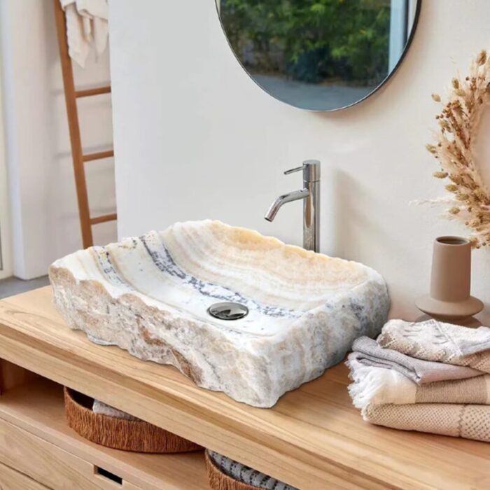 Honey onyx natural stone rectangular sink NTRSTC55 W 13 L16 H5.5 installed bathroom above counter