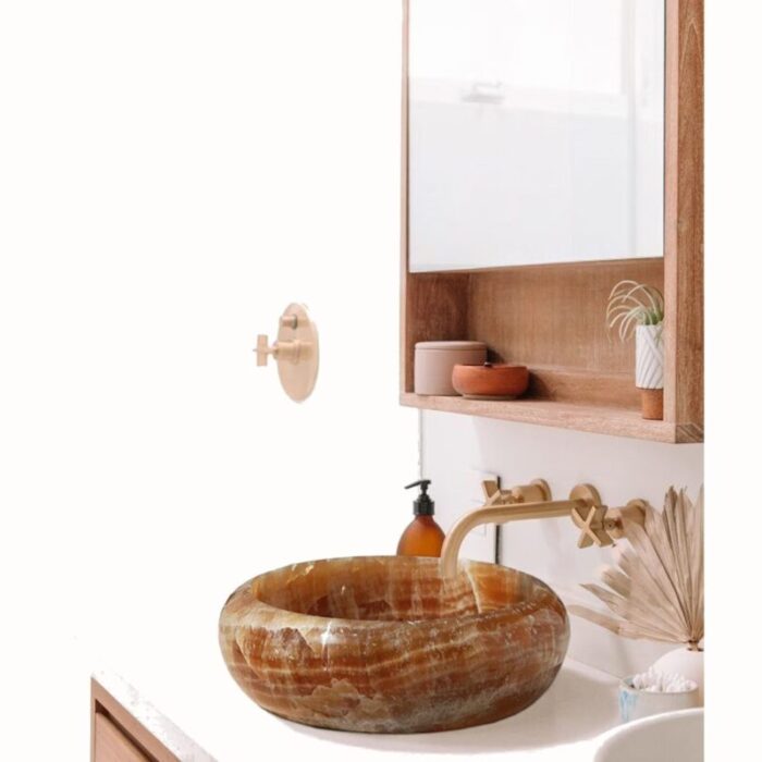 Honey onyx vessel sink above counter bathroom sink D18 H6 20020017 bathroom application view