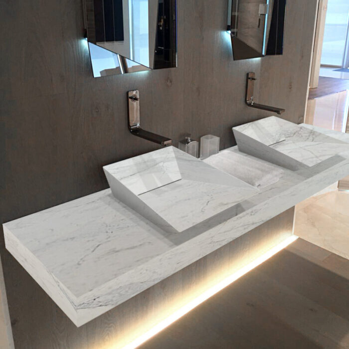 Imperial White Marble Vanity Wall mount Rectangular Bathroom Double Sink above vanity W 21 L 80 H 8 installed bathroom square