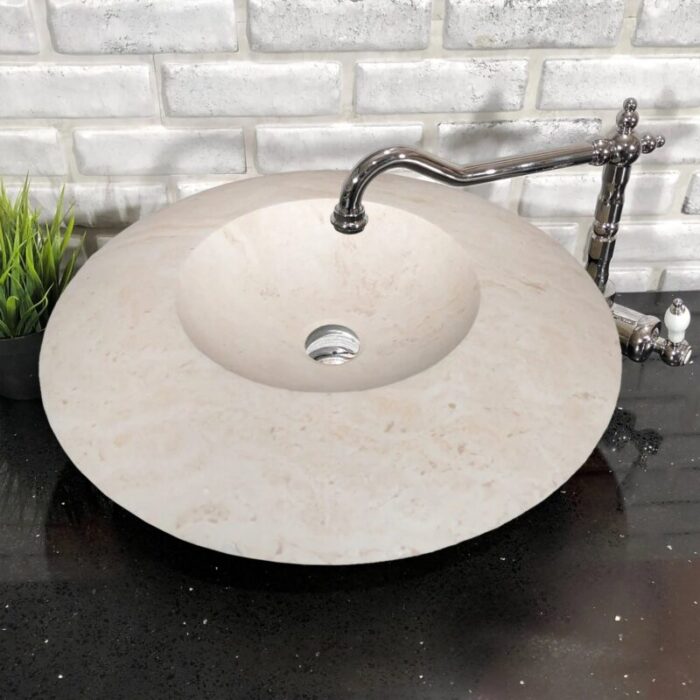 Light Travertine Stone Ufo Shape Vessel Sink NTRSTC17 D21 H6 bathroom view