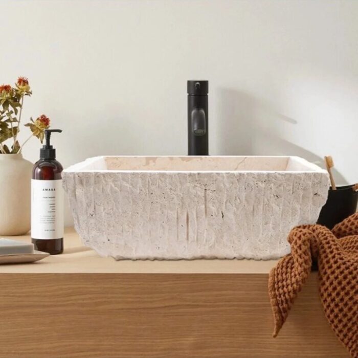 Light travertine natural stone vessel sink NTRSTC54 W 12 L17 H6 bathroom.webp