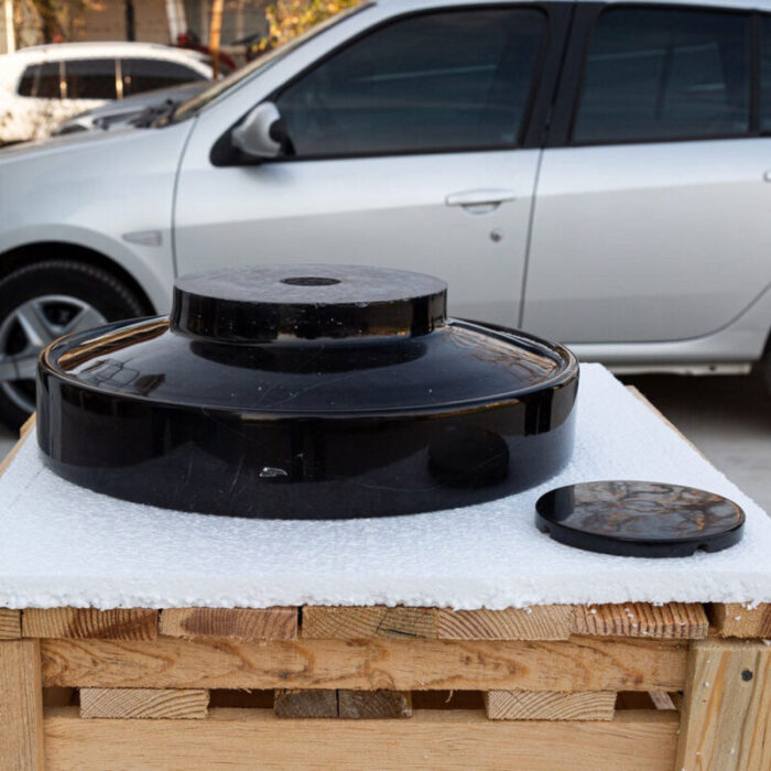 Natural stone toros black marble above counter artistic vessel sink polished middle drain d16 h6 SPTBMS10 product shot upside view