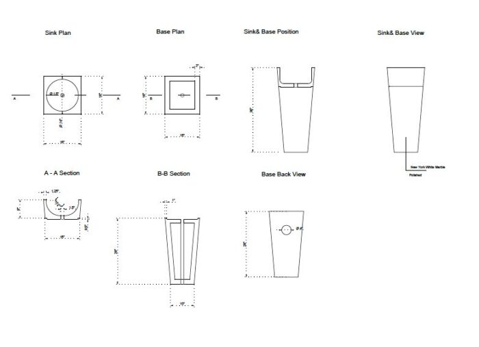 New York White Marble Cone Shape Pedestal Sink NTRVS25 L16 W16 H 36 drawing view