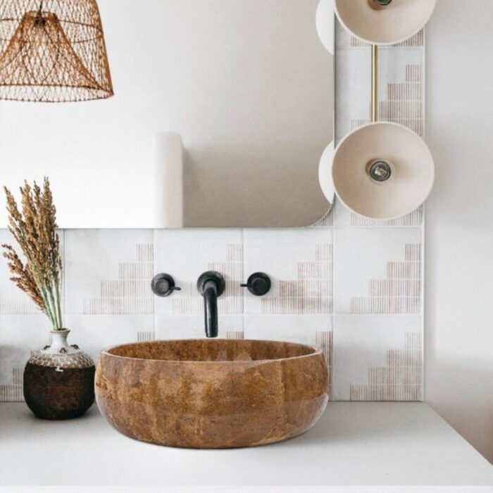 Noce Brown travertine vessel sink polished EGENP166 D 16 H6 bathroom view