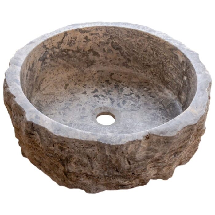 Silver Travertine Stone Rustic Round Sink NTRVS13 D16 H6 angle view