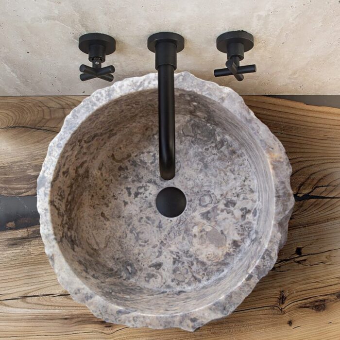 Silver Travertine Stone Rustic Round Sink NTRVS13 D16 H6 bathroom top view