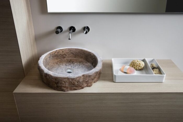 Silver Travertine Stone Rustic Round Sink NTRVS13 D16 H6 bathroom view