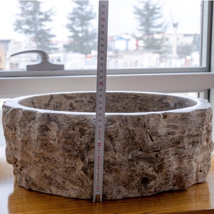 Silver Travertine Stone Rustic Round Sink NTRVS13 D16 H6 height measure view scaled 1