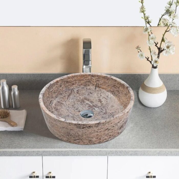 Silver latte travertine vessel sink polished EGELSTP165 D 16 H5 bathroom view.webp