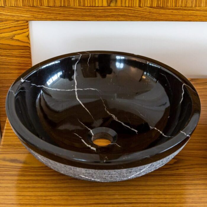 Toros Black Marble Vessel Sink rough exterior NTRVS24 D16 H6 angle view