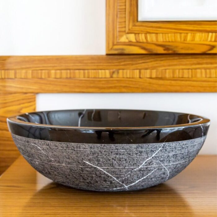 Toros Black Marble Vessel Sink rough exterior NTRVS24 D16 H6 side view