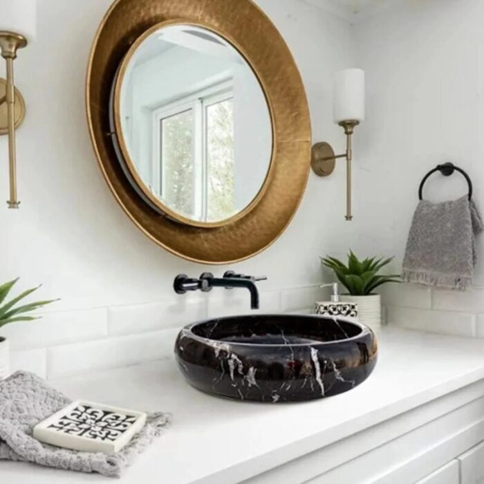 Toros Black marble vessel sink polished EGETBVP165 D 16 H6 installed bathroom 2.webp