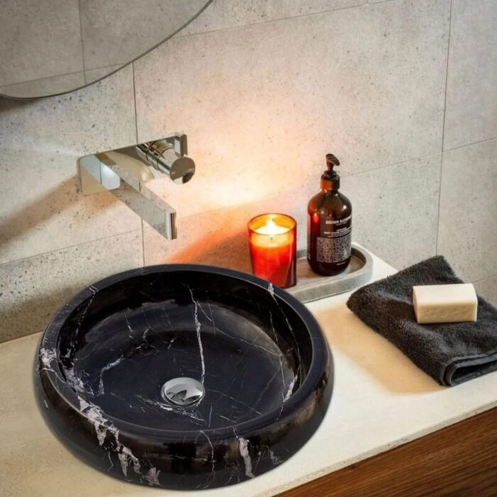 Toros Black marble vessel sink polished EGETBVP165 D 16 installed bathroom.webp