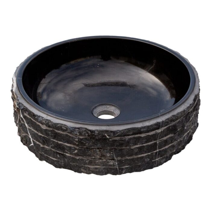 Toros black marble bathroom vessel sink polished inside combed outside EGENTBM1675 D 16 H5 angle view