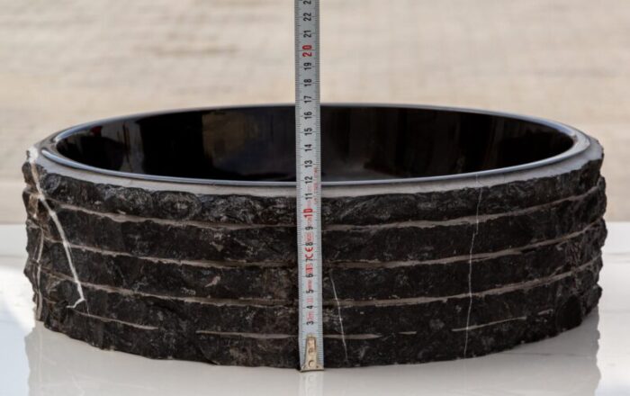 Toros black marble bathroom vessel sink polished inside combed outside EGENTBM1675 D 16 H5 side measure view