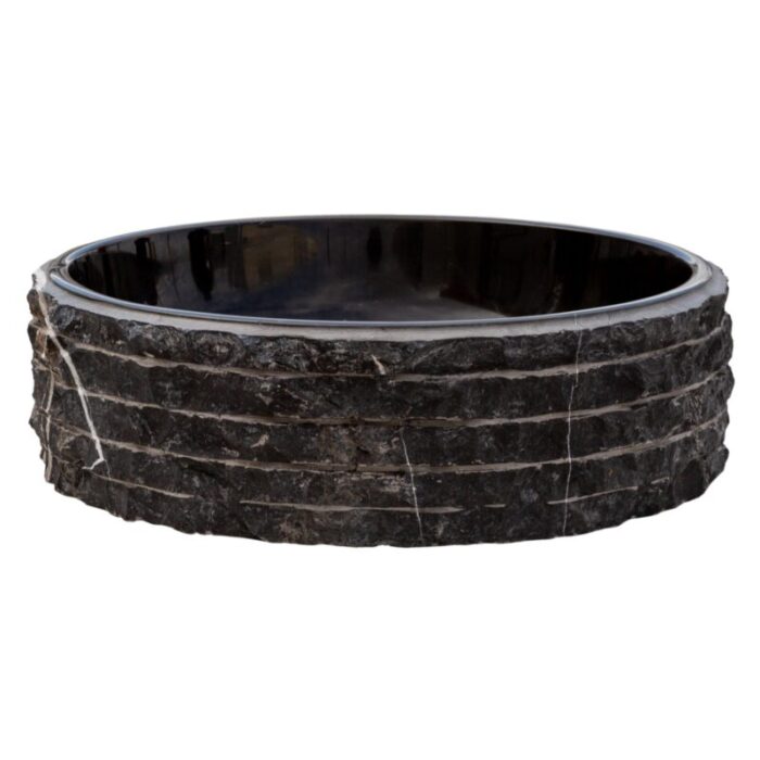 Toros black marble bathroom vessel sink polished inside combed outside EGENTBM1675 D 16 H5 side view