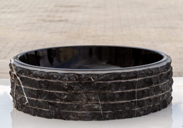 Toros black marble bathroom vessel sink polished inside combed outside EGENTBM1675 D 16 H5 side view2