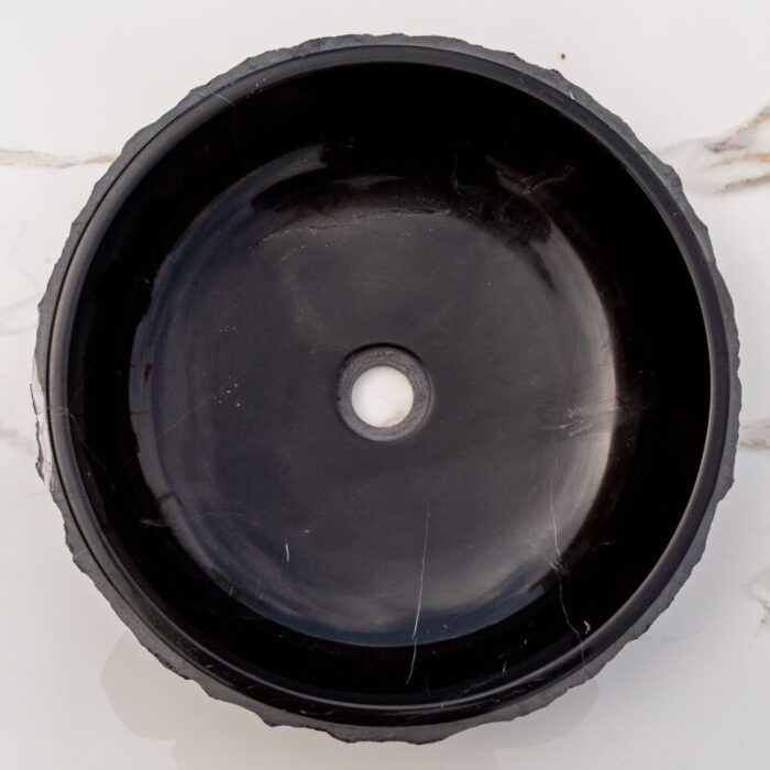 Toros black marble bathroom vessel sink polished inside combed outside EGENTBM1675 D 16 H5 top view