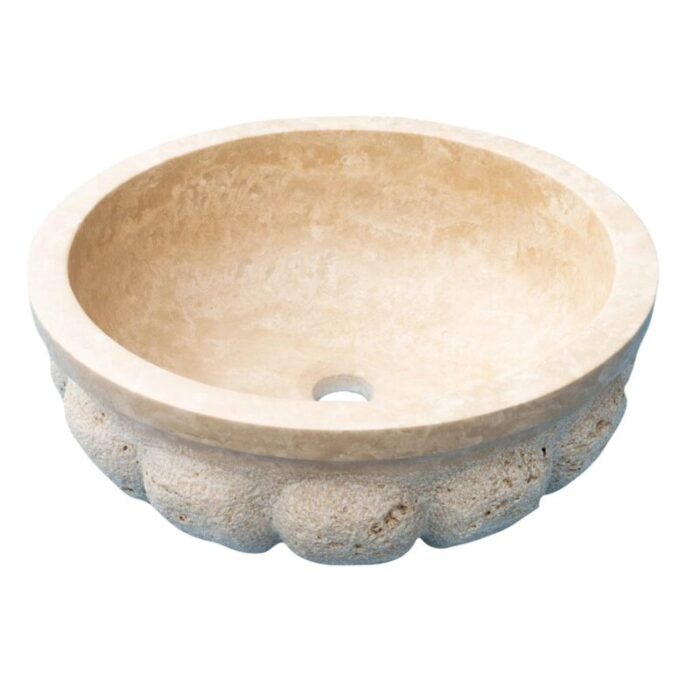 Troia Light Travertine Pumpkin shape Stone vessel sink matte inside rough outside angle view.webp