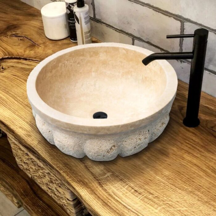 Troia Light Travertine Pumpkin shape Stone vessel sink matte inside rough outside bathroom view.webp