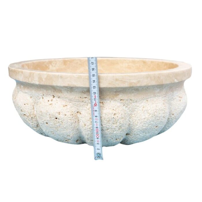 Troia Light Travertine Pumpkin shape Stone vessel sink matte inside rough outside height.webp