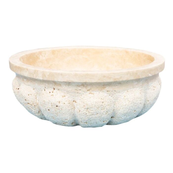 Troia Light Travertine Pumpkin shape Stone vessel sink matte inside rough outside side view.webp