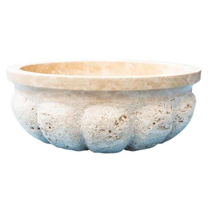 Troia Light Travertine Pumpkin shape Stone vessel sink matte inside rough outside side view2.webp