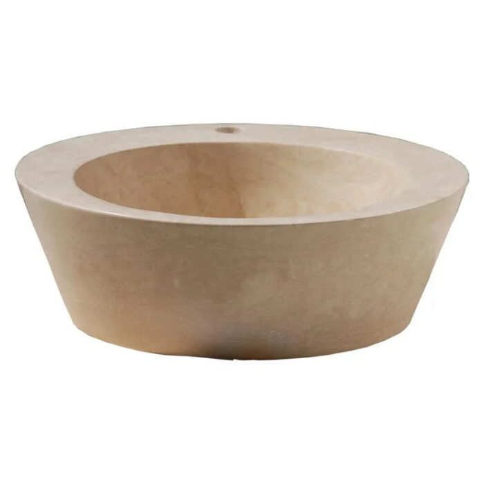 Troia Light Travertine vessel stone sink matte honed filled angle view.webp